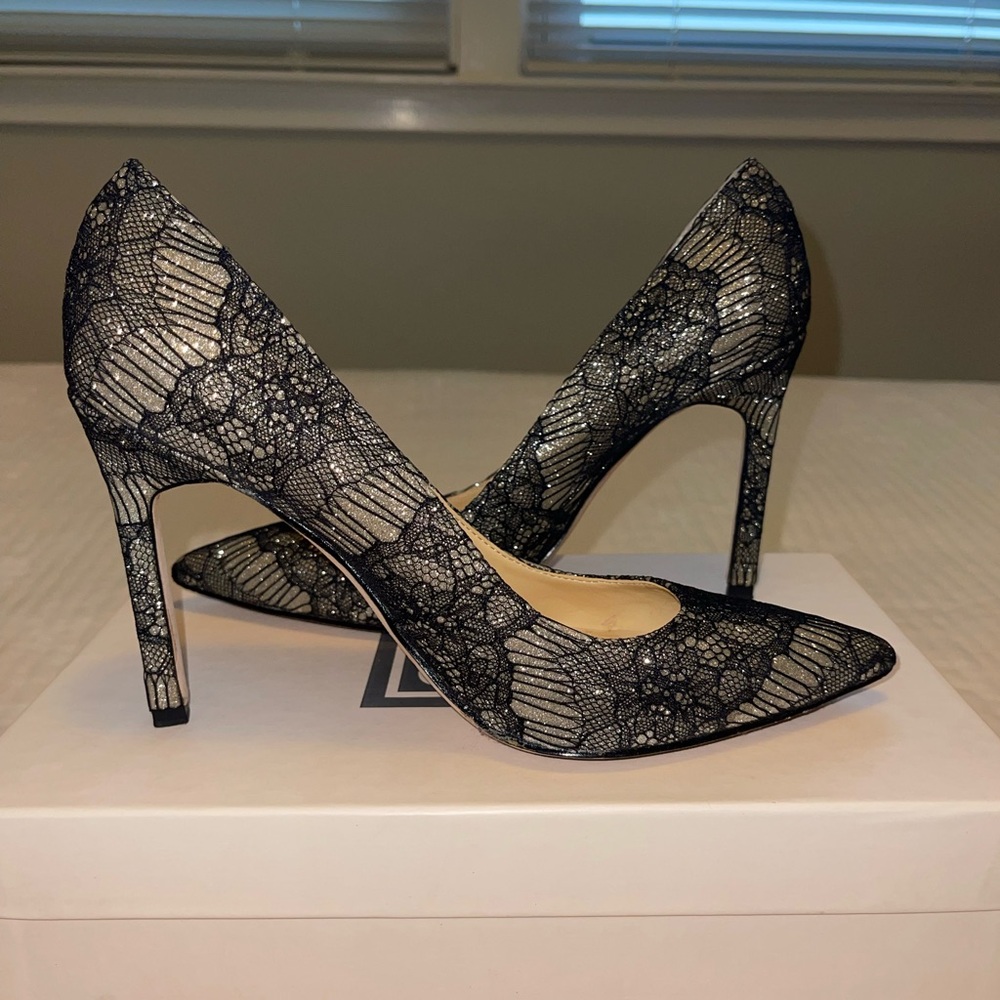 Ivanka Trump black and silver lace stiletto heel